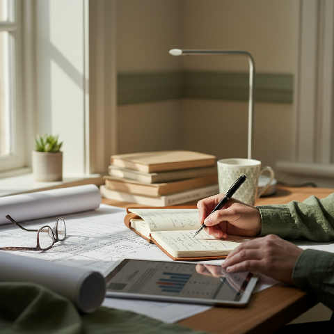 A focused professional reviews notes at a minimalist desk with a wooden laptop stand and a notebook in a bright office.