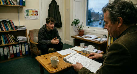 Close-up of a psychologist's hands holding a notebook during a session, sitting across from a person in a softly lit room.