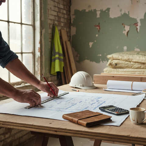 A person in a high-visibility vest reviews architectural blueprints on a wooden workbench at a bright construction site.
