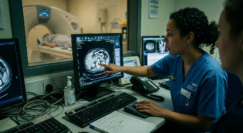 A radiographer in a dimly lit suite carefully adjusts a patient's position under a large, metallic X-ray arm.