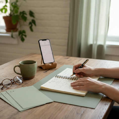A professional desk with a notebook, fountain pen, and eyeglasses in a bright, modern office with soft natural light.