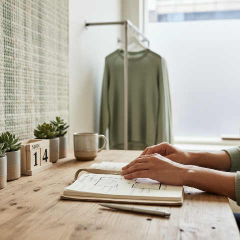 A professional workspace with a leather notebook, fountain pen, and eyeglasses on a clean desk in a retail office.