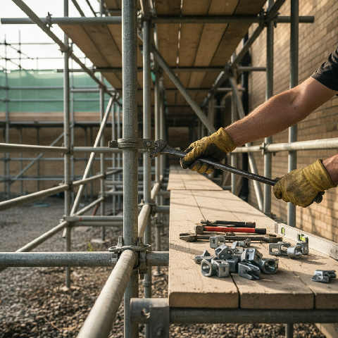 A close-up of a worker's gloved hands securing steel scaffolding poles with a wrench on a bright outdoor construction site.
