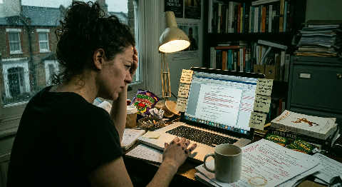 A screenwriter’s hands type on a worn laptop in a dimly lit, cozy pub corner with a script and coffee nearby.