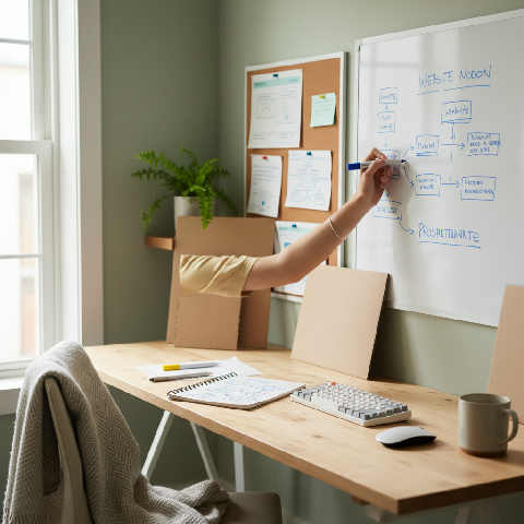 A creative workspace featuring design sketches, physical materials, and tools on a wooden desk in a quiet studio.