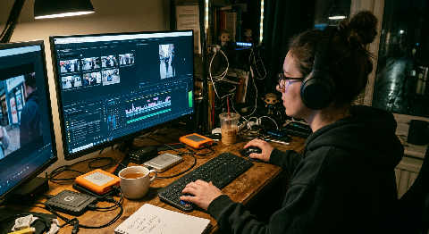 A person edits a fast-paced video on a glowing monitor in a dark room, focusing on a timeline full of colorful cuts.