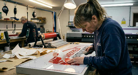 A focused craftsperson applies vinyl lettering to a large metal sign board in a dimly lit, authentic workshop.
