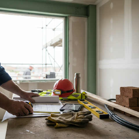 A site manager in high-vis gear reviews plans on a sunlit construction site surrounded by scaffolding and building tools.