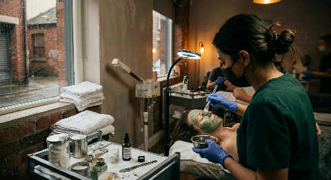 Gloved hands gently apply a thick treatment mask to a client's face under the warm, focused glow of a magnifying lamp.
