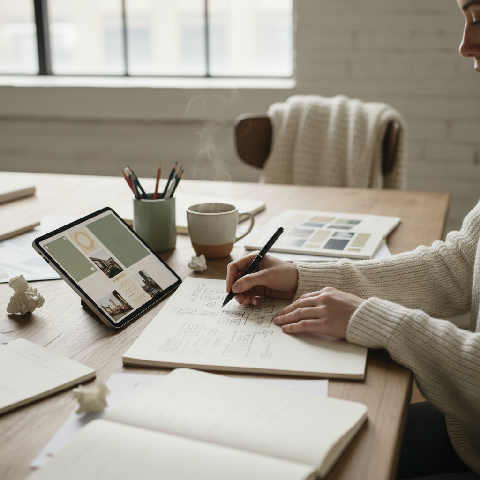 A creative workspace with sketches, textures, and craft materials spread across a desk in a bright, quiet studio.