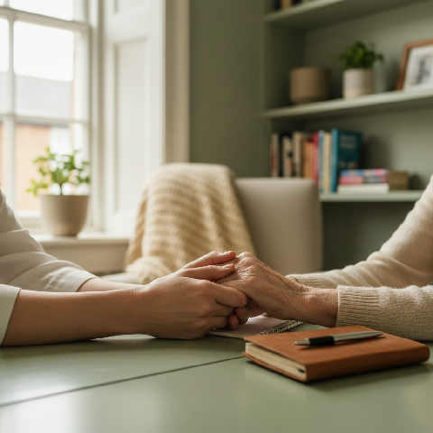A social worker sits with a client in a sunlit room, their hands resting on a table during a supportive conversation.
