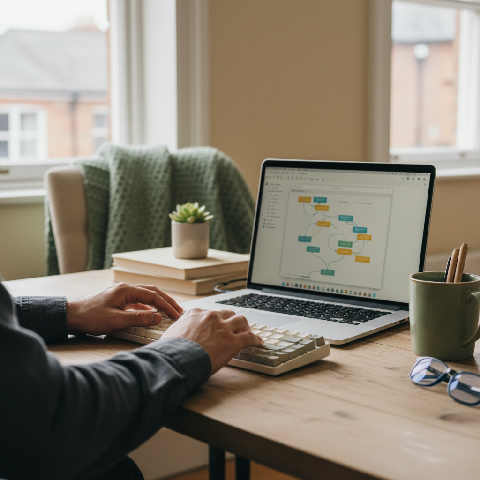 A focused professional workspace with a minimalist UI on a monitor, indoor plants, and soft daylight from a window.
