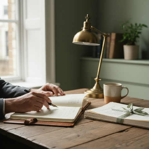 A professional desk featuring a leather notebook, elegant pen, and legal documents in a bright, modern office setting.