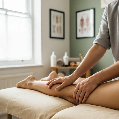 A therapist's hands provide a focused massage to an athlete’s leg in a sunlit, peaceful health clinic setting.