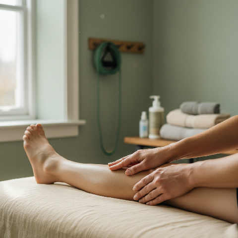 A sports therapist in clinical scrubs performs a manual therapy calf massage on an athlete in a bright, modern clinic.