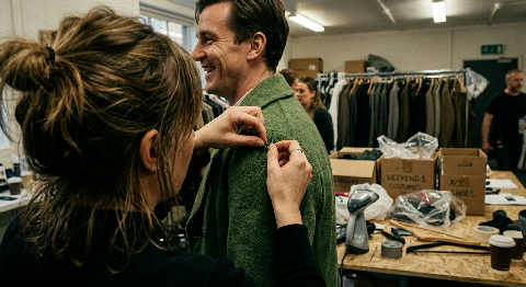 Close-up of a stylist's hands carefully pinning a dark green fabric onto a mannequin in a dimly lit, creative studio.