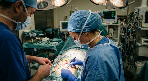 A surgeon in blue scrubs concentrates while performing a procedure under bright, focused surgical lights in an operating room.
