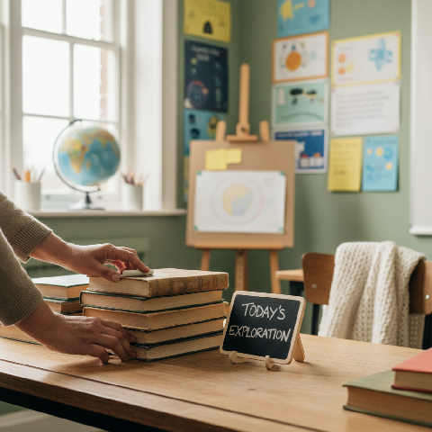 A teacher explains a lesson to students in a bright UK classroom filled with books and colorful educational displays.