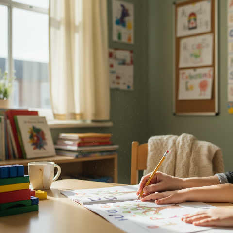 A teaching assistant leans over a primary school desk, helping a young student with an open textbook in a bright classroom.