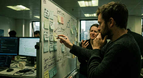 A person points at code and diagrams on a whiteboard during a focused team discussion in a dimly lit office.
