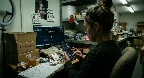 A professional adjusts a ring light and product display, focusing on a smartphone screen showing a live video feed.