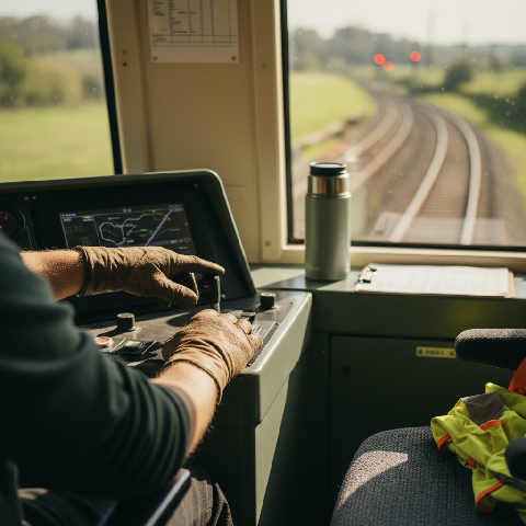Close-up of a driver's hands operating controls in a modern train cab, with tracks visible through the front window.