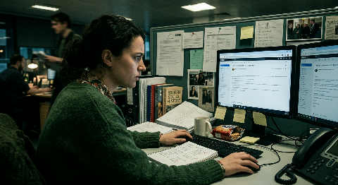 A researcher leans over a cluttered desk, focused on a monitor displaying archival footage in a dimly lit studio office.