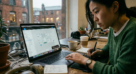 An over-the-shoulder view of a designer adjusting layout grids on a high-resolution monitor in a dark, moody studio.