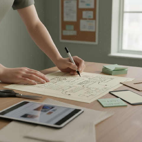 A creative studio desk featuring hand-drawn user flow sketches, design tools, and a laptop in a bright workspace.