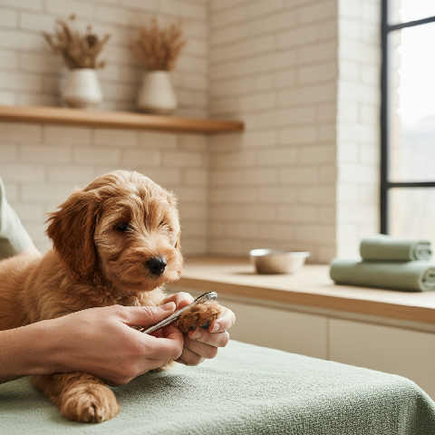 A veterinarian in scrubs gently examines a dog in a sunlit clinic, focusing on their hands as they provide compassionate care.
