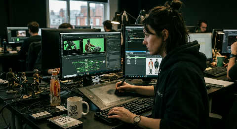 Focusing on a dual-monitor setup in a dim studio, a designer uses a stylus to refine glowing particle effects on a 3D model.