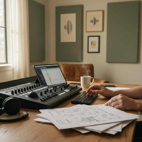 A video editor works in a quiet studio with multiple monitors, editing software, and creative storyboards on the desk.