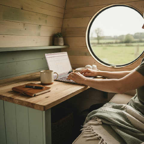 A small business owner works at a rustic kitchen table with a laptop, planner, and coffee in a bright UK home office.