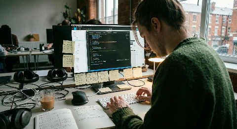 Over-the-shoulder view of a designer adjusting website wireframes on a dual-monitor setup in a dimly lit, moody studio.