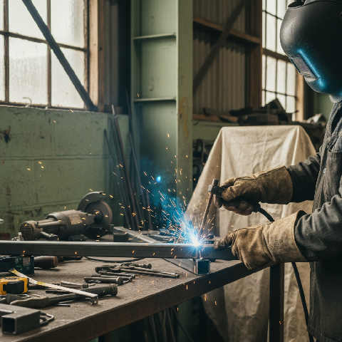 A welder in protective gear carefully joins metal pipes on a construction site, surrounded by tools and bright daylight.