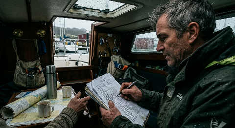 A yacht broker in a dark green jacket gestures toward a sleek vessel while walking along a rain-dampened UK harbor dock.