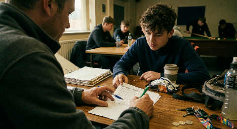A youth worker sits on a low sofa in a dimly lit community center, listening intently to a teenager in a grey hoodie.