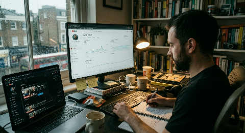 An over-the-shoulder view of a strategist analyzing complex video performance graphs and heatmaps on dual monitors.