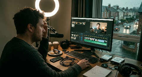 A content creator adjusts a ring light and microphone in a cluttered home studio, focused on a camera monitor screen.